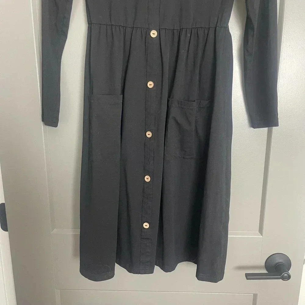 Ouges Womens Stretch Round Neck Long Sleeve Button Front Dress Black Medium - Picture 3 of 9